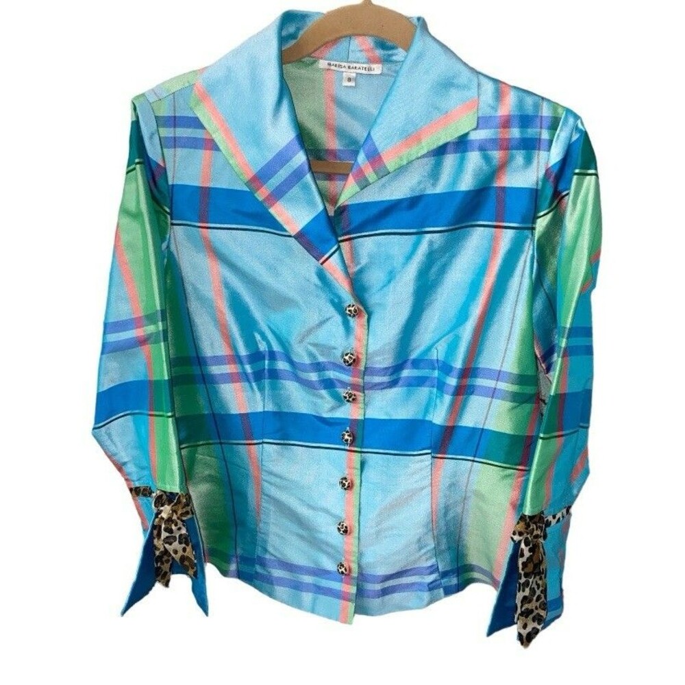 Marisa Baratelli 100% Thai Silk Blouse Womens 8 Plaid Button Up Evening Boho Top
